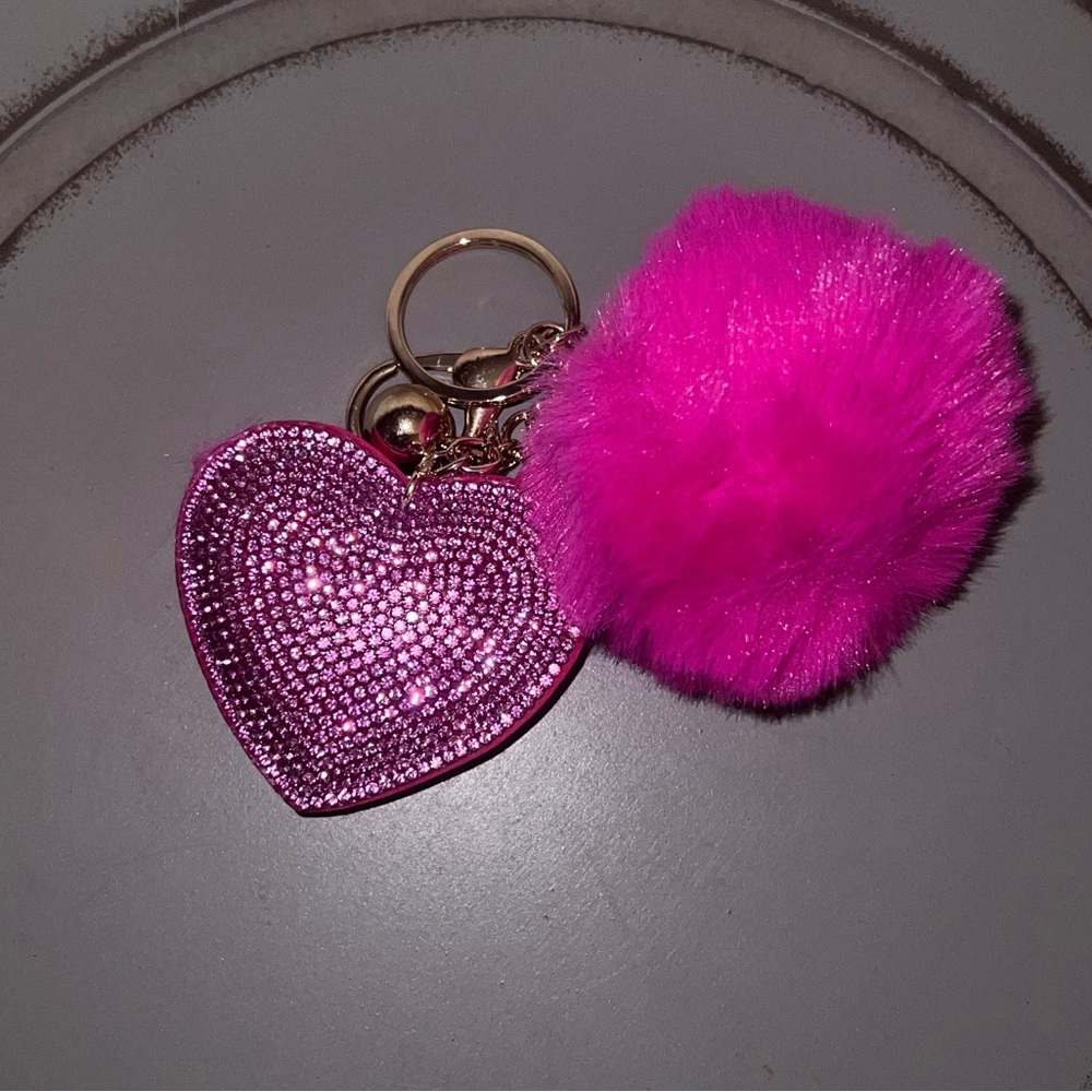 Crystal Rhinestone Heart w/ Faux Fur Puff Keychain Purse Charm
